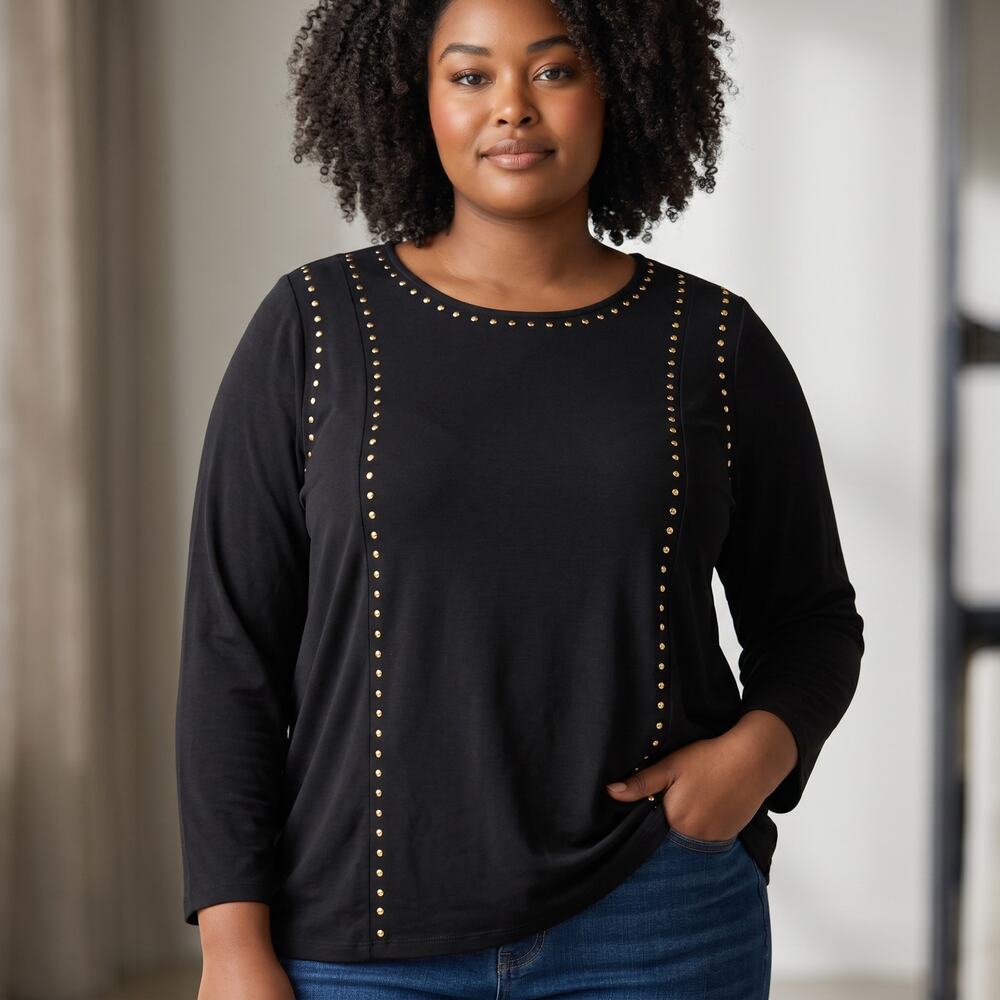 Calvin Klein Shirt Womens Size 2XL Black Copper Blouse Rivets Office Casual NWT